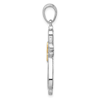Silber/14K Bicolor De-ani Sterlingsilber Rhodiniert Diamantiert Abgerundet Kreuz mit 14K Akzente Anhänger