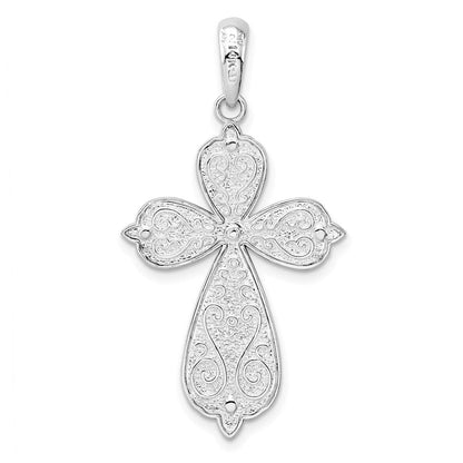 Silber/14K Bicolor De-ani Sterlingsilber Rhodiniert Diamantiert Abgerundet Kreuz mit 14K Akzente Anhänger
