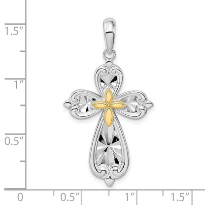Silber/14K Bicolor De-ani Sterlingsilber Rhodiniert Diamantiert Abgerundet Kreuz mit 14K Akzente Anhänger