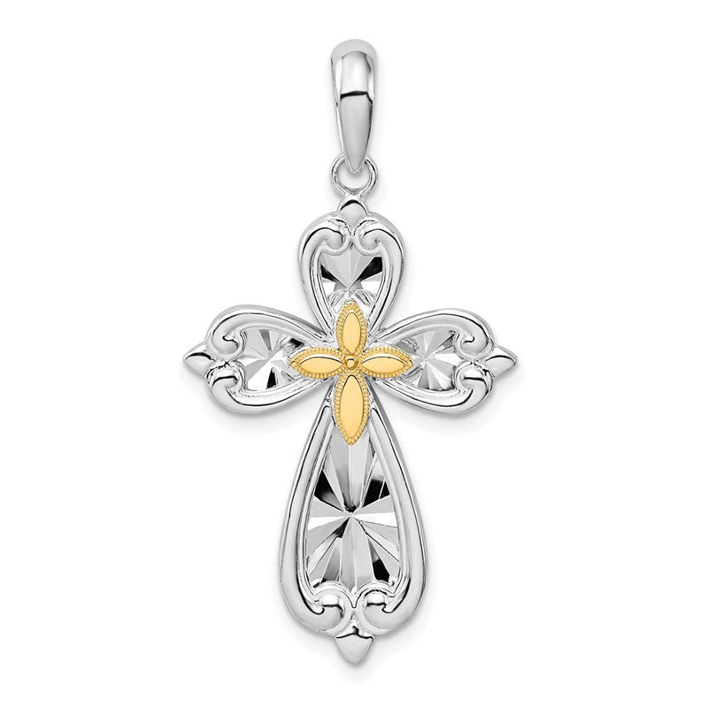 Silber/14K Bicolor De-ani Sterlingsilber Rhodiniert Diamantiert Abgerundet Kreuz mit 14K Akzente Anhänger