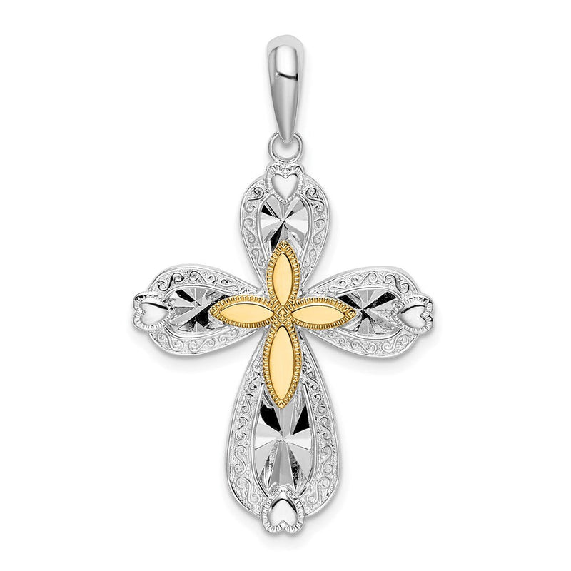 Silber/14K Bicolor De-ani Sterlingsilber Rhodiniert Diamantiert Herz Kreuz mit 14K Akzente Anhänger