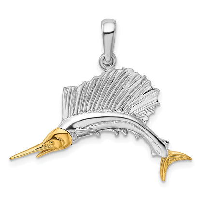 Silber/14K Bicolor De-ani Sterlingsilber Rhodiniert Poliert Sailfish mit 14K Akzente Anhänger