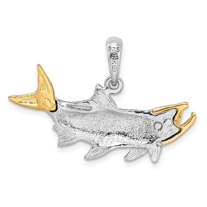 Silber/14K Bicolor Sterlingsilber Strukturiert Tarpon Fisch mit 14K Akzente Anhänger