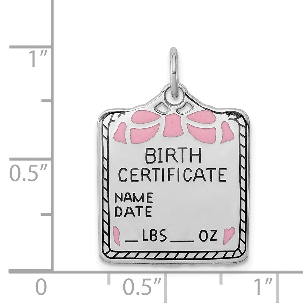 Sterlingsilber Ss Rhodiniert-plt Rosa Birth Certificate Poliert Vorderseite/satin Rückseite Charm