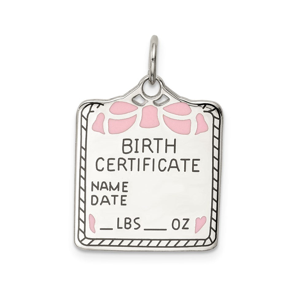 Sterlingsilber Ss Rhodiniert-plt Rosa Birth Certificate Poliert Vorderseite/satin Rückseite Charm