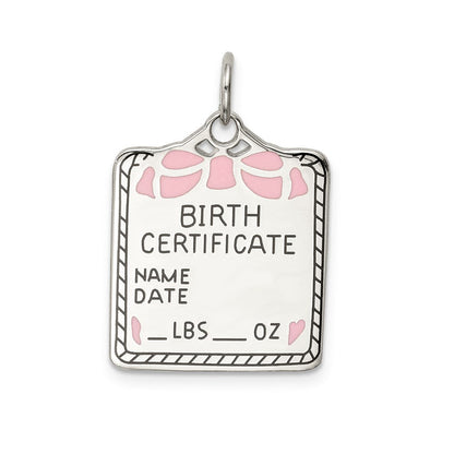 Sterlingsilber Ss Rhodiniert-plt Rosa Birth Certificate Poliert Vorderseite/satin Rückseite Charm