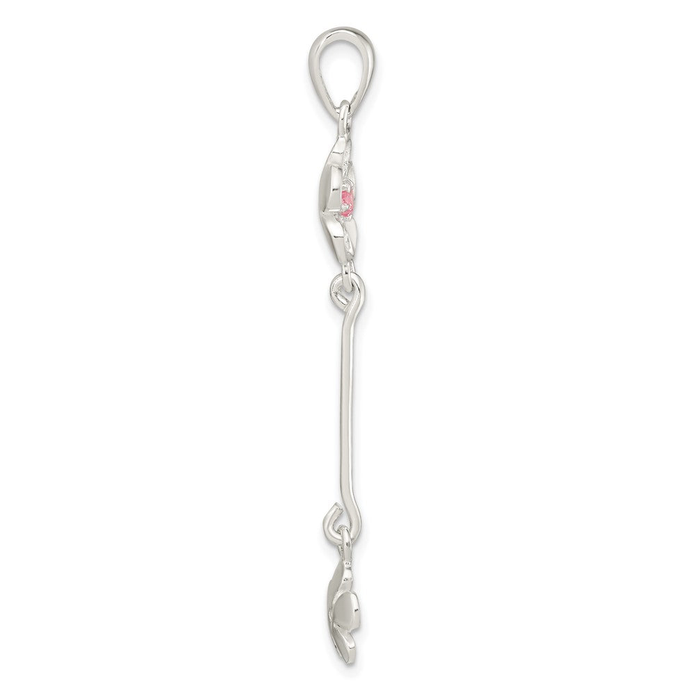 Sterlingsilber Brush & Poliert Rosa Zirkonia Blume Hängend Anhänger