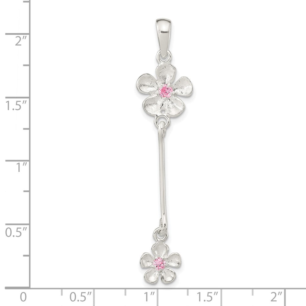 Sterlingsilber Brush & Poliert Rosa Zirkonia Blume Hängend Anhänger