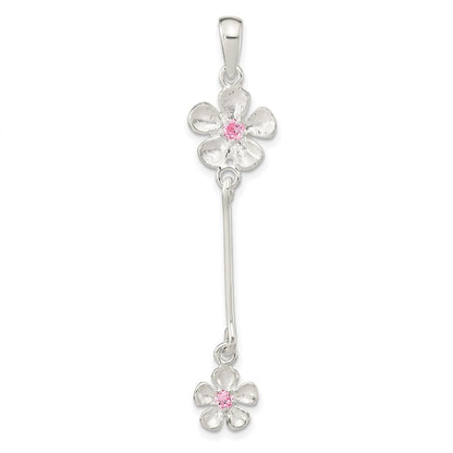 Sterlingsilber Brush & Poliert Rosa Zirkonia Blume Hängend Anhänger
