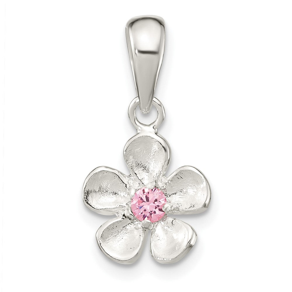 Sterlingsilber Gebürstet & Poliert Rosa Zirkonia Blume Anhänger