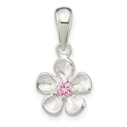 Sterlingsilber Gebürstet & Poliert Rosa Zirkonia Blume Anhänger