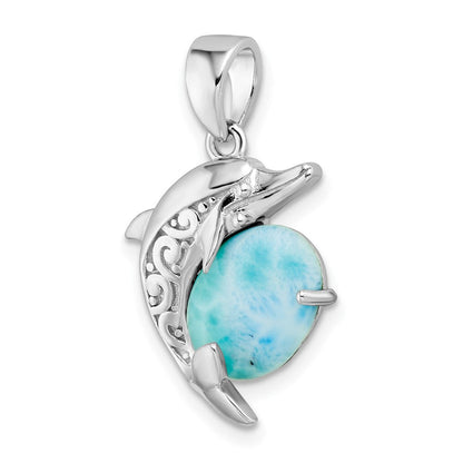 Sterlingsilber Rhodiniert Poliert Filigran Delfin Larimar Anhänger