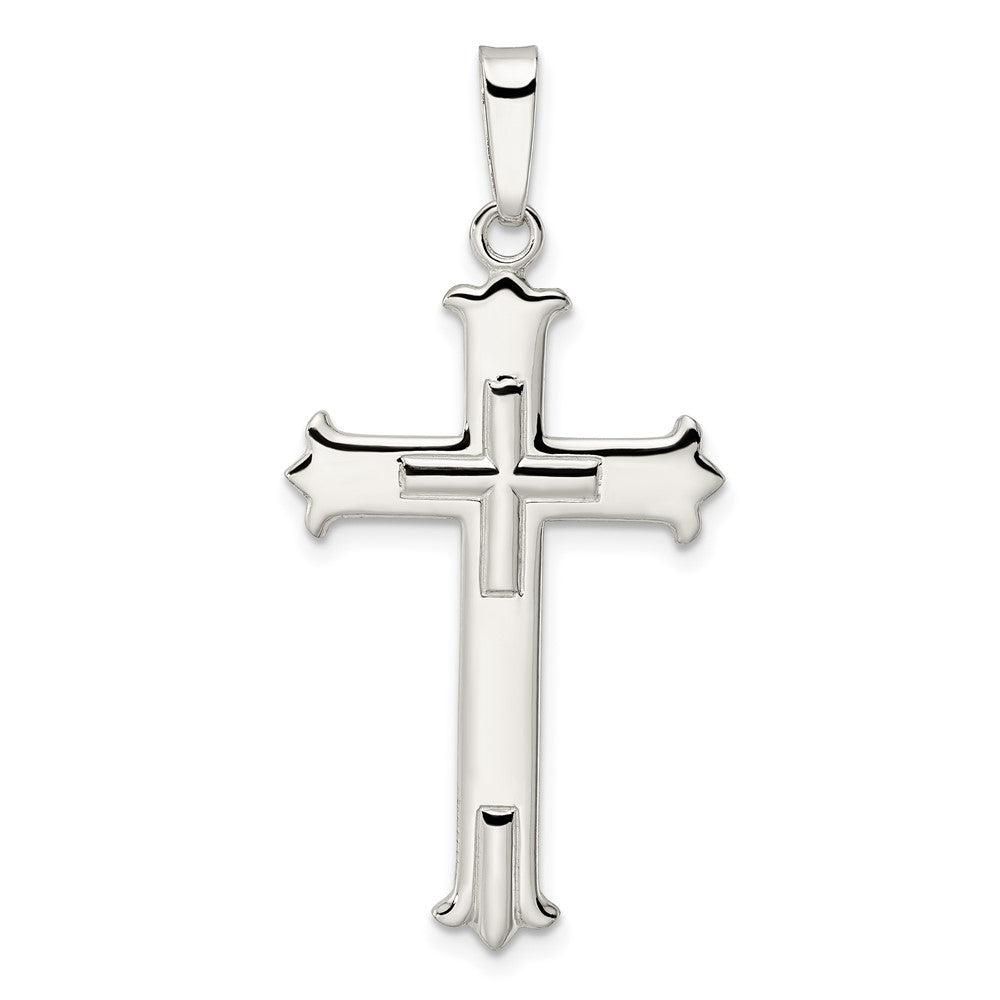 Sterlingsilber Poliert Fleur De Lis Kreuz mit Kreuz Mittig Anhänger