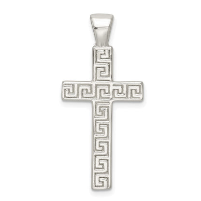 Sterlingsilber Poliert Greek Key Hohl Lateinisch Kreuz Anhänger