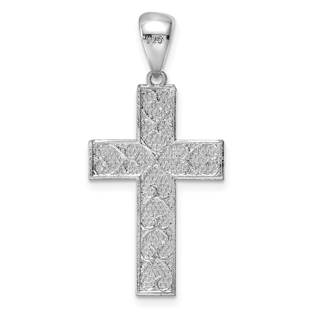 Sterlingsilber Rhodiniert Poliert & Diamantiert Kreuz Anhänger