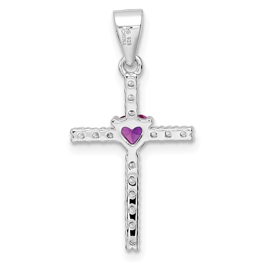 Sterlingsilber Rhodiniert Rosa Zirkonia Herz und Klar Kreuz Anhänger