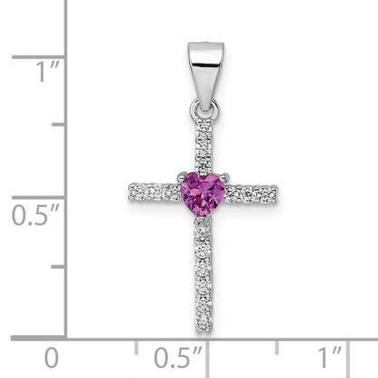 Sterlingsilber Rhodiniert Rosa Zirkonia Herz und Klar Kreuz Anhänger