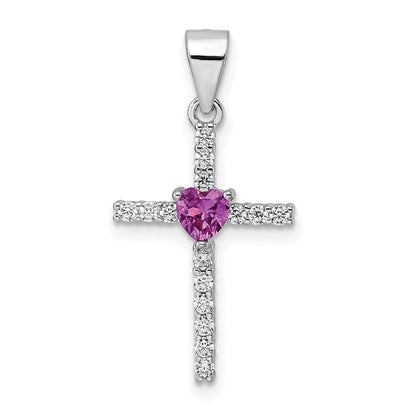 Sterlingsilber Rhodiniert Rosa Zirkonia Herz und Klar Kreuz Anhänger