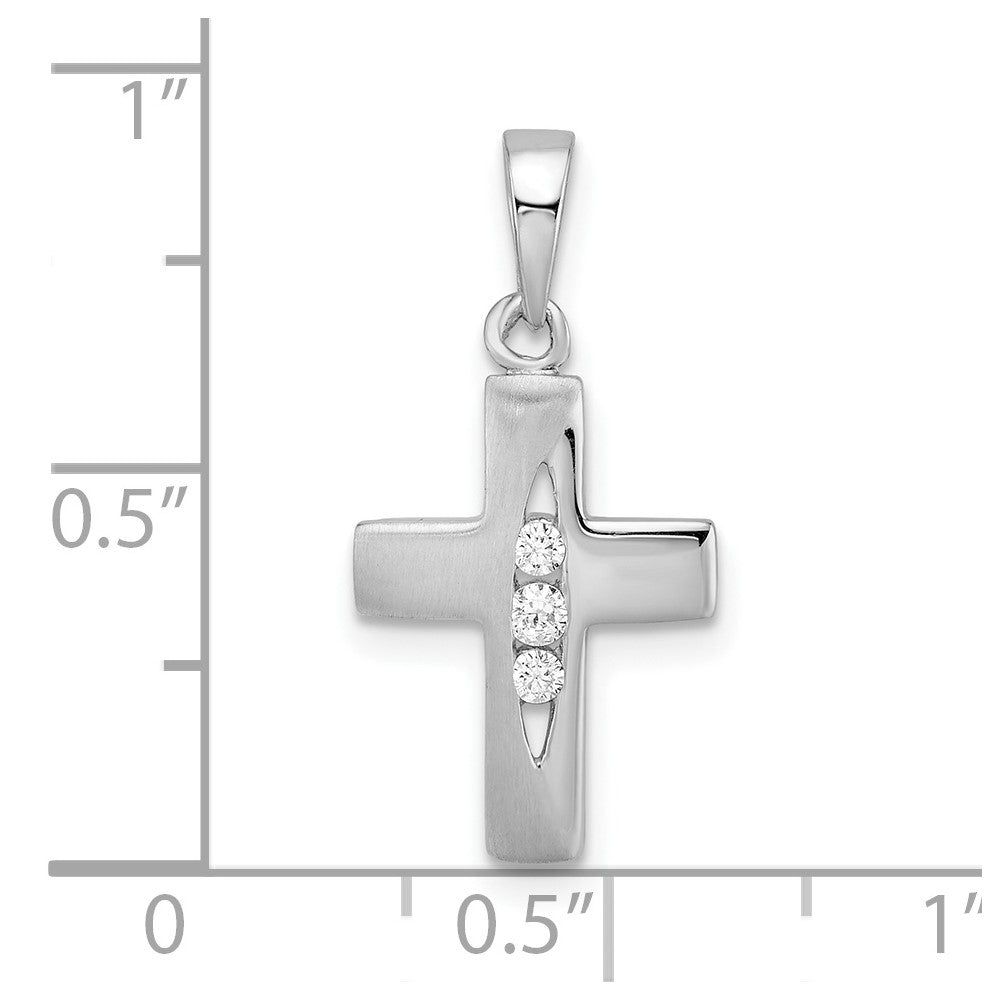 Sterlingsilber Rhodiniert Poliert und Gebürstet Zirkonia Mini Kreuz Anhänger
