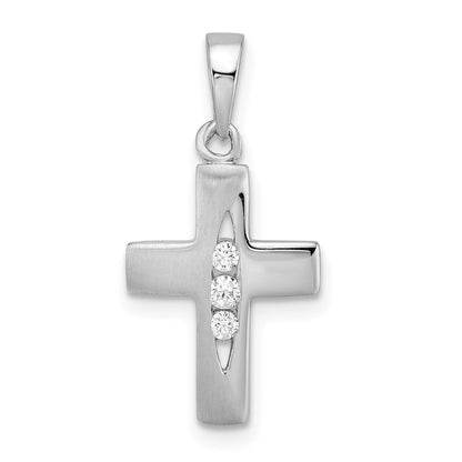 Sterlingsilber Rhodiniert Poliert und Gebürstet Zirkonia Mini Kreuz Anhänger