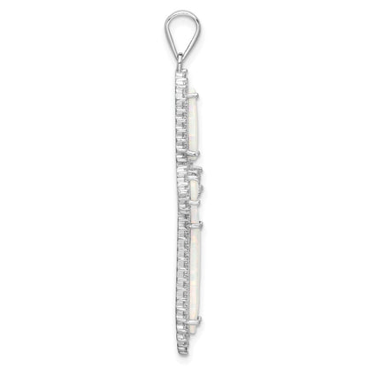 Sterlingsilber Rhodiniert Weiß Erzeugt Opal & Zirkonia Rand Kreuz Anhänger