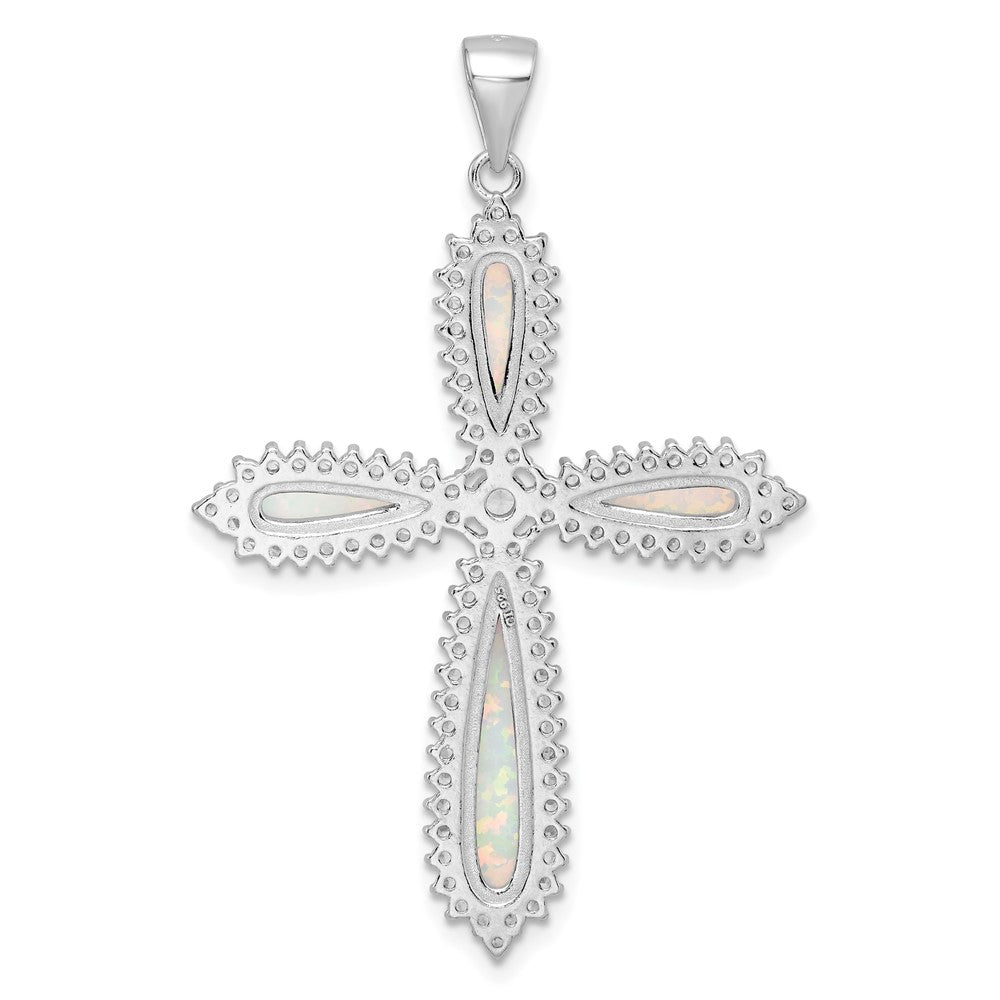 Sterlingsilber Rhodiniert Weiß Erzeugt Opal & Zirkonia Rand Kreuz Anhänger