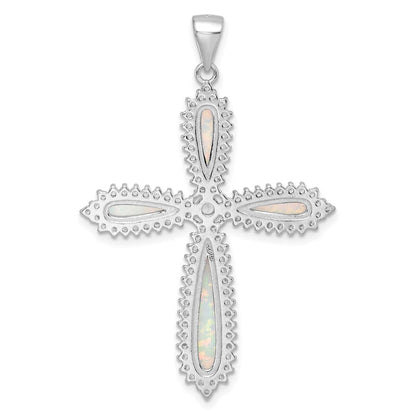 Sterlingsilber Rhodiniert Weiß Erzeugt Opal & Zirkonia Rand Kreuz Anhänger