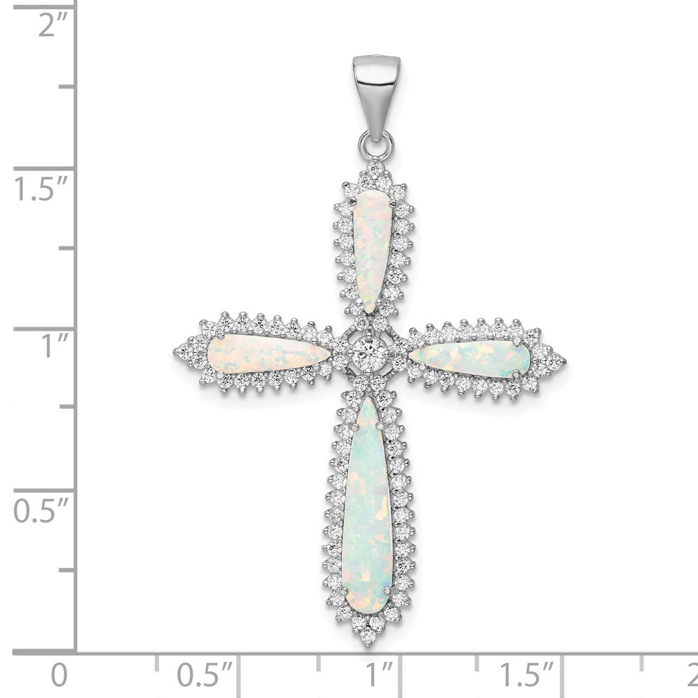 Sterlingsilber Rhodiniert Weiß Erzeugt Opal & Zirkonia Rand Kreuz Anhänger