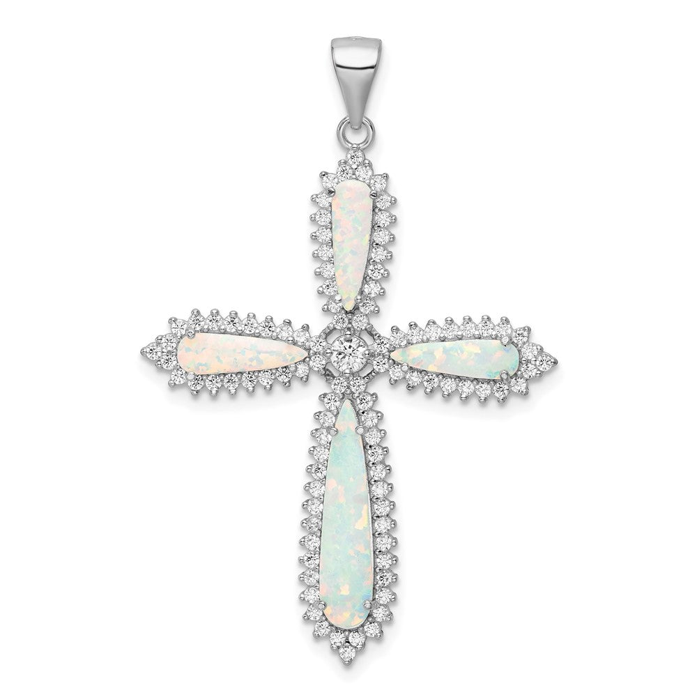 Sterlingsilber Rhodiniert Weiß Erzeugt Opal & Zirkonia Rand Kreuz Anhänger