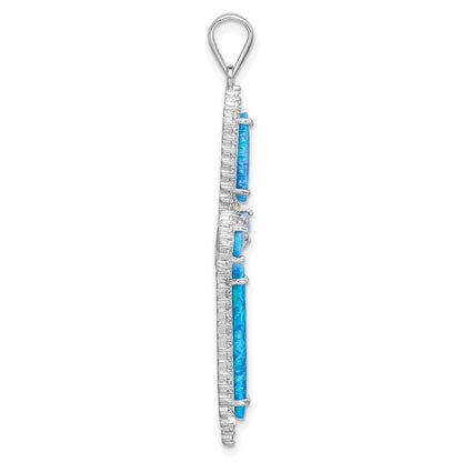 Sterlingsilber Rhodiniert Blau Erzeugt Opal & Zirkonia Rand Kreuz Anhänger