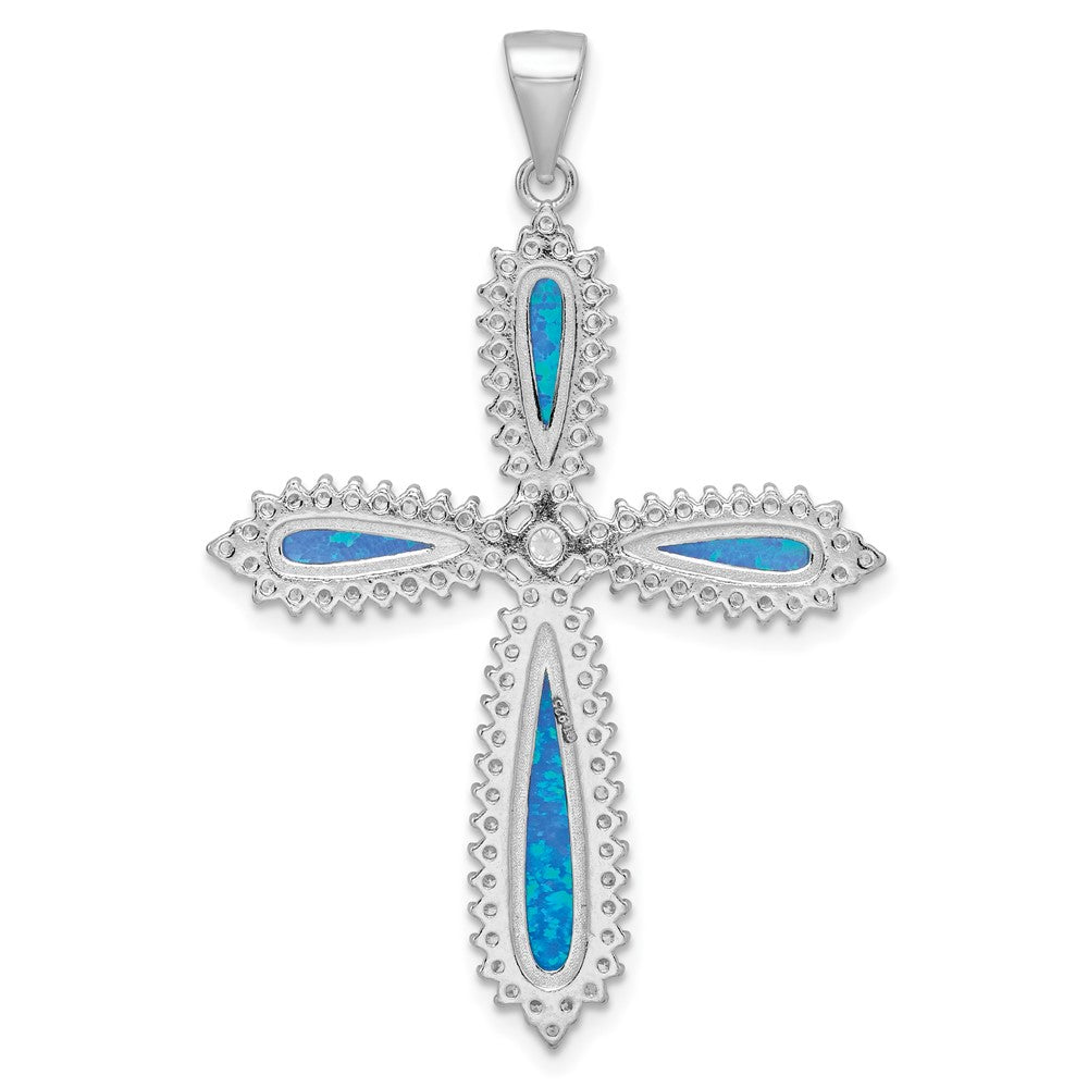 Sterlingsilber Rhodiniert Blau Erzeugt Opal & Zirkonia Rand Kreuz Anhänger