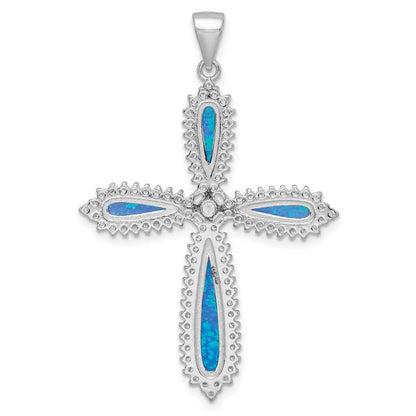 Sterlingsilber Rhodiniert Blau Erzeugt Opal & Zirkonia Rand Kreuz Anhänger