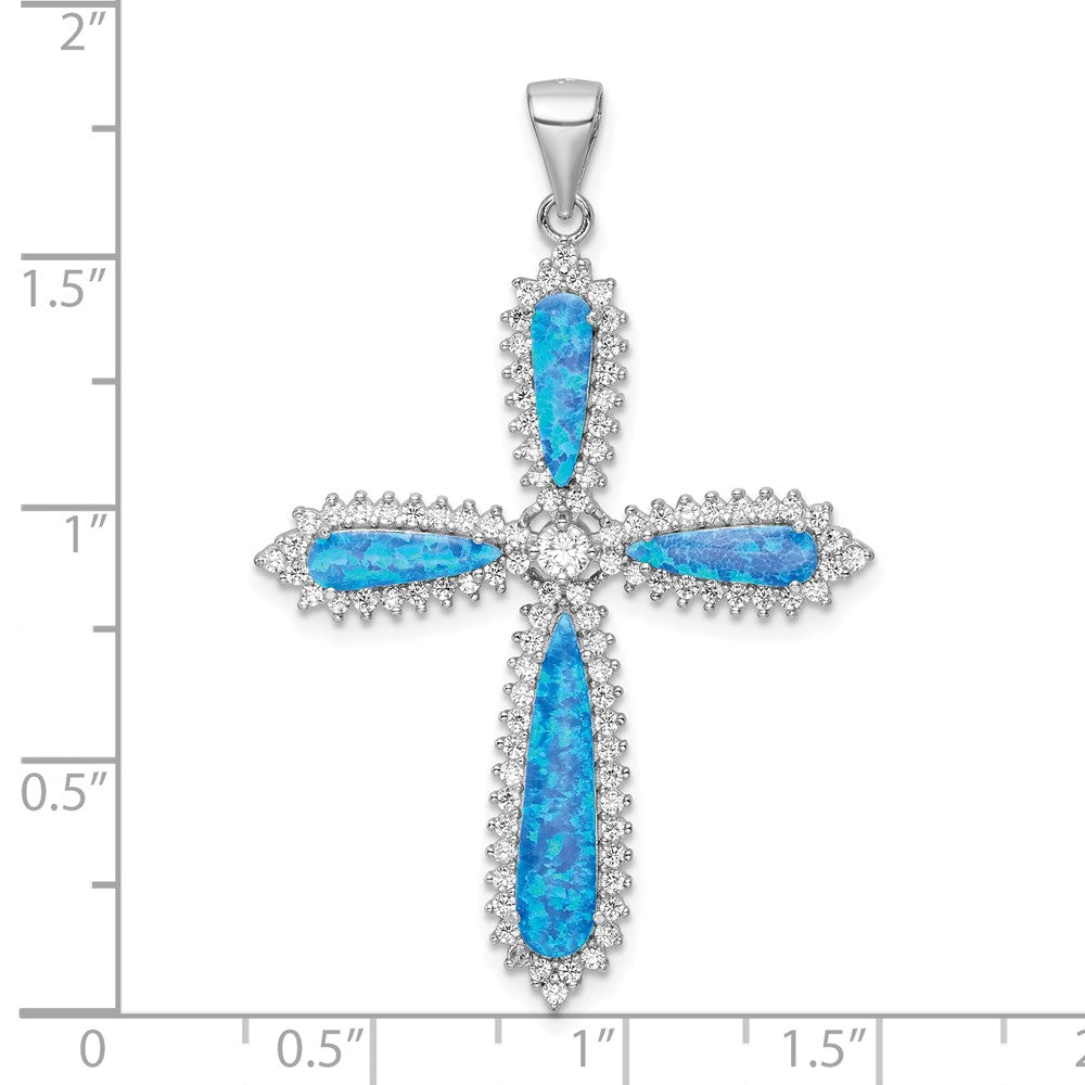 Sterlingsilber Rhodiniert Blau Erzeugt Opal & Zirkonia Rand Kreuz Anhänger
