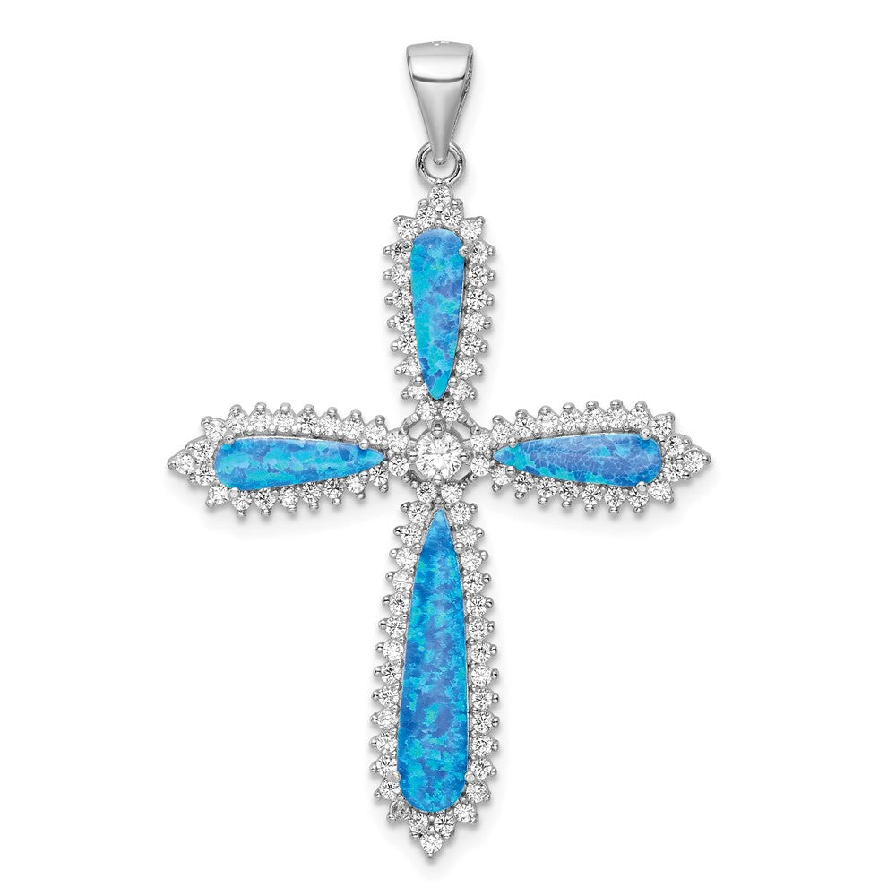 Sterlingsilber Rhodiniert Blau Erzeugt Opal & Zirkonia Rand Kreuz Anhänger