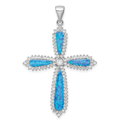 Sterlingsilber Rhodiniert Blau Erzeugt Opal & Zirkonia Rand Kreuz Anhänger