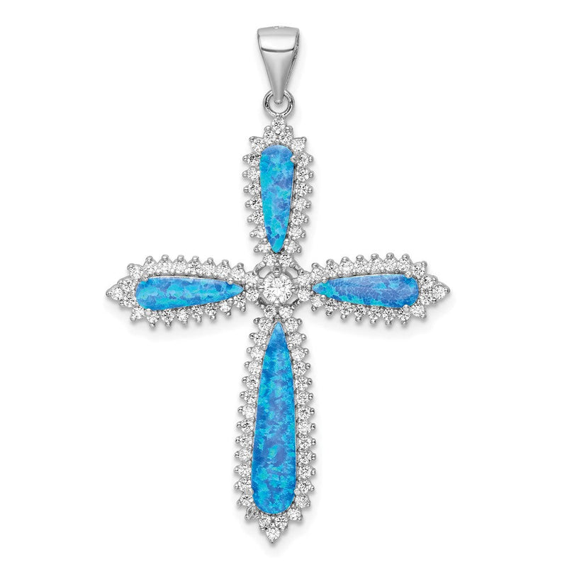 Sterlingsilber Rhodiniert Blau Erzeugt Opal & Zirkonia Rand Kreuz Anhänger