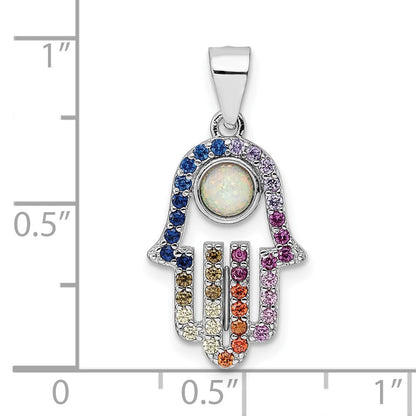 Sterlingsilber Rhodiniert Mehrfarbig Zirkonia & Synthetisch Opal Hamsa Anhänger