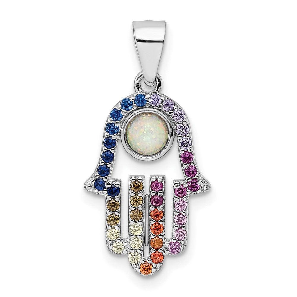 Sterlingsilber Rhodiniert Mehrfarbig Zirkonia & Synthetisch Opal Hamsa Anhänger