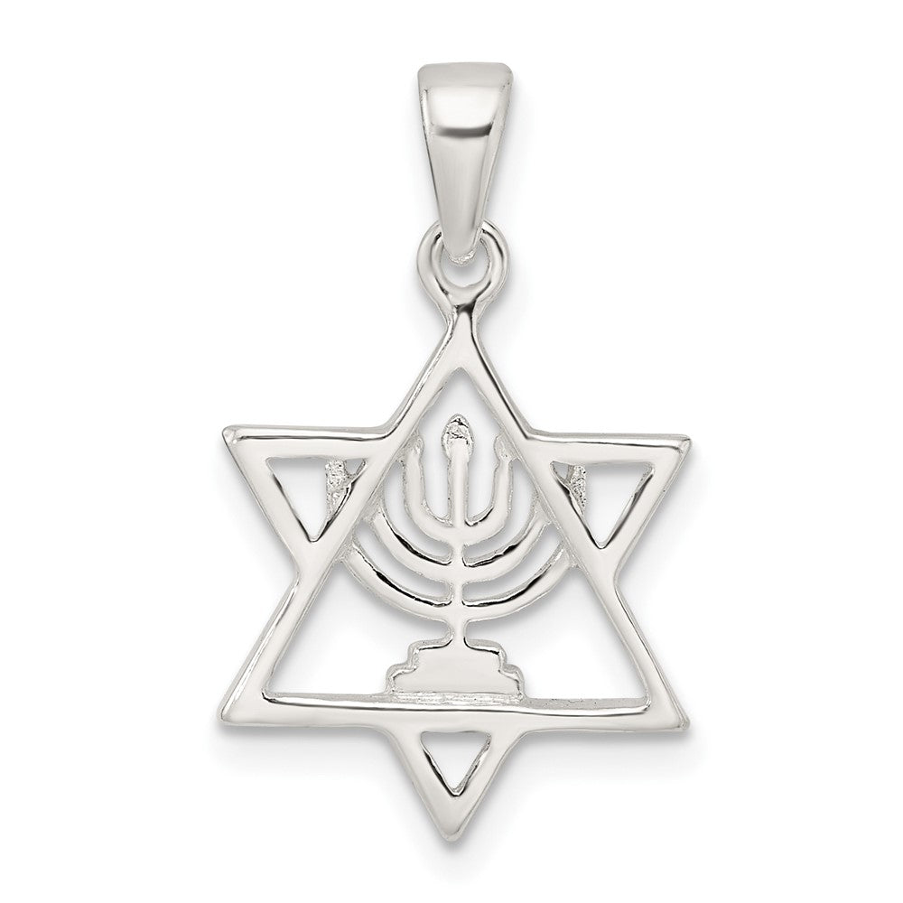 Sterlingsilber Poliert und Diamantiert Stern Of David mit Menorah Anhänger