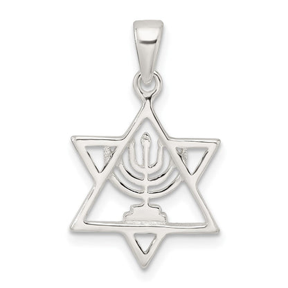 Sterlingsilber Poliert und Diamantiert Stern Of David mit Menorah Anhänger