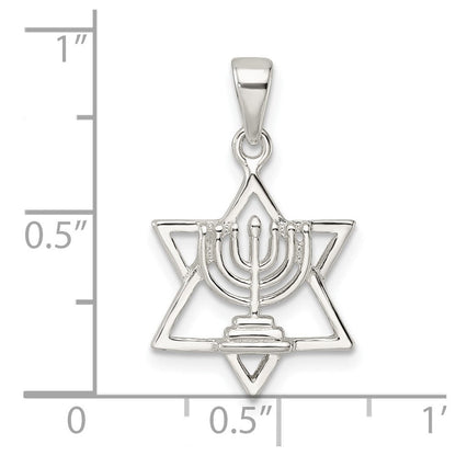 Sterlingsilber Poliert und Diamantiert Stern Of David mit Menorah Anhänger