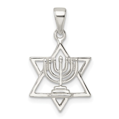 Sterlingsilber Poliert und Diamantiert Stern Of David mit Menorah Anhänger