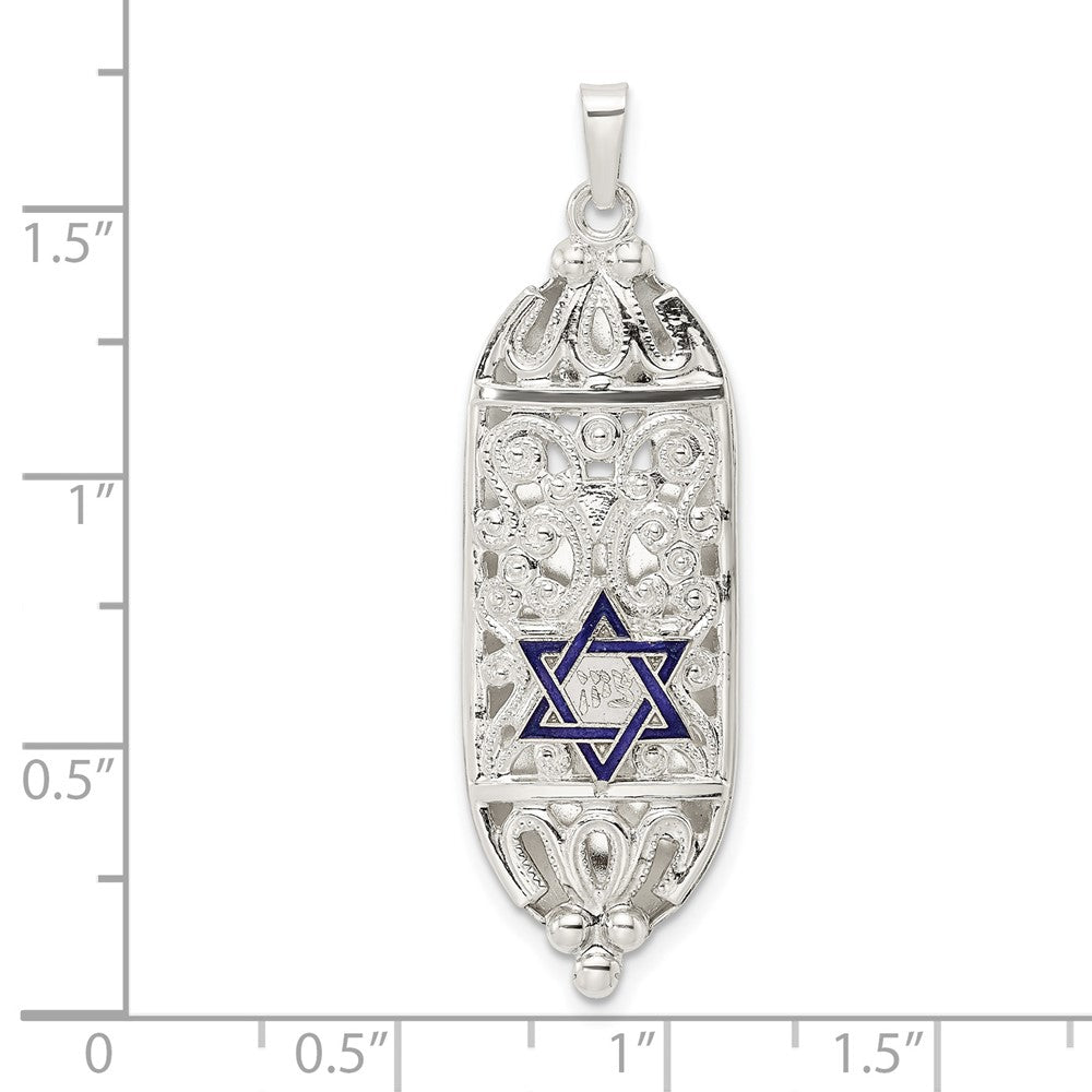 Sterlingsilber Poliert Massiv Mezuzah mit Emailliert Stern Of David Anhänger