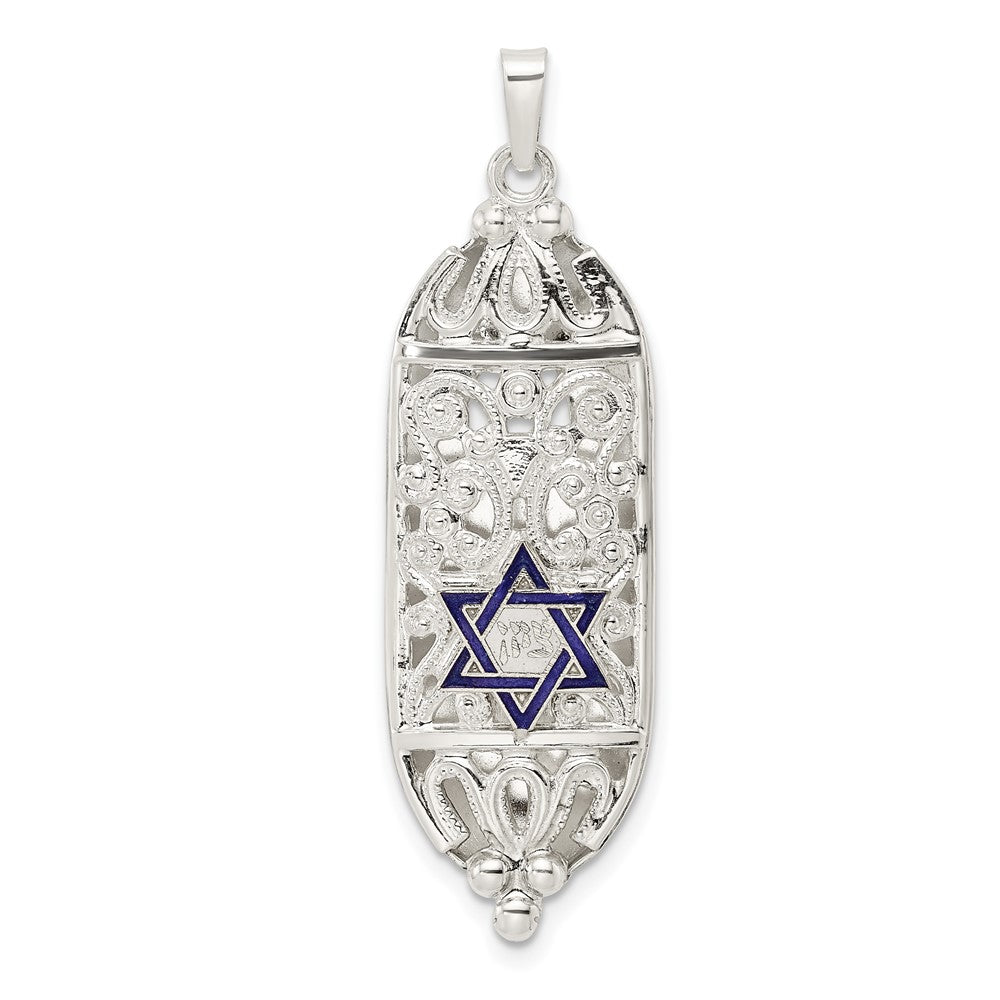 Sterlingsilber Poliert Massiv Mezuzah mit Emailliert Stern Of David Anhänger