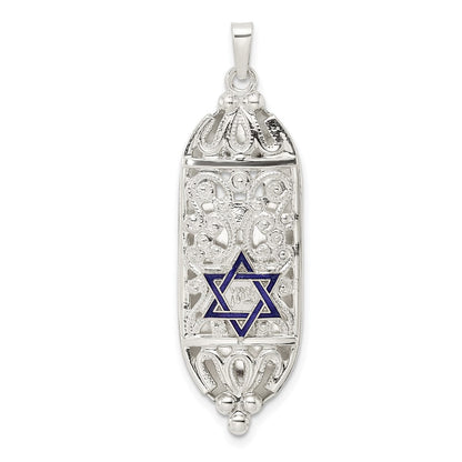 Sterlingsilber Poliert Massiv Mezuzah mit Emailliert Stern Of David Anhänger