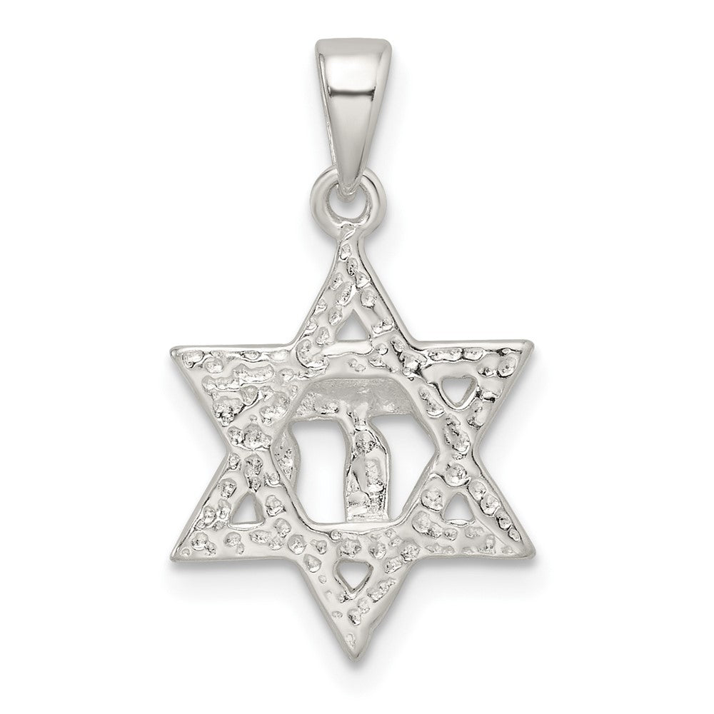 Sterlingsilber Poliert und Diamantiert Stern Of David mit Chai Anhänger