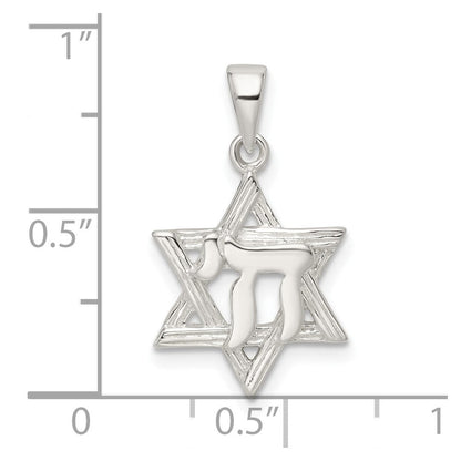 Sterlingsilber Poliert und Diamantiert Stern Of David mit Chai Anhänger