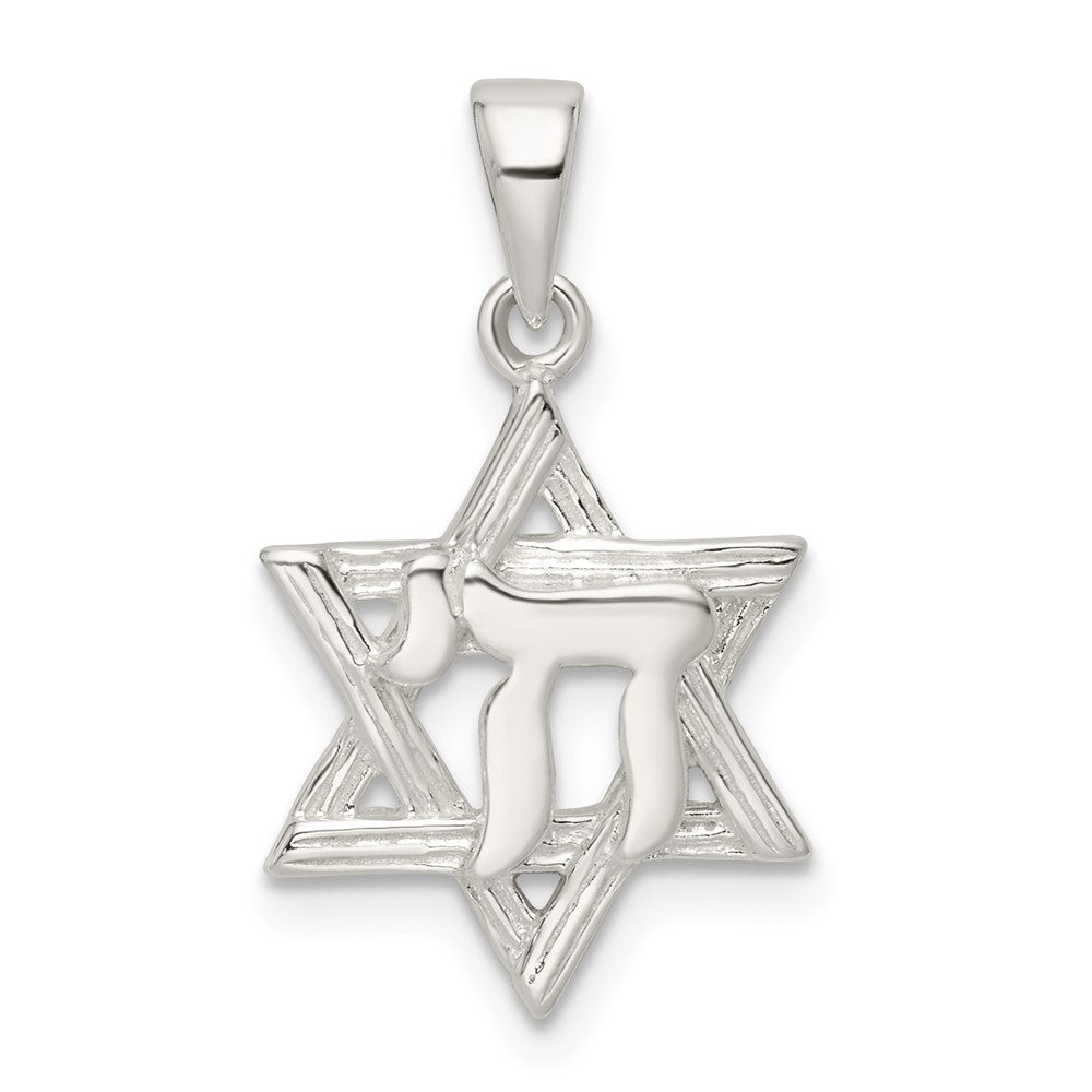 Sterlingsilber Poliert und Diamantiert Stern Of David mit Chai Anhänger