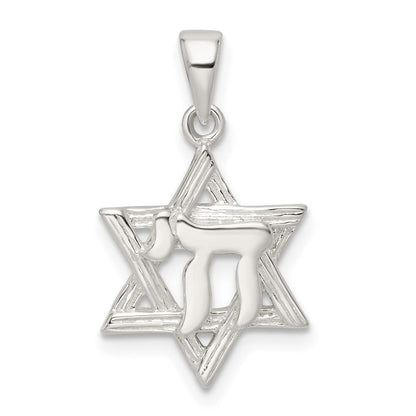 Sterlingsilber Poliert und Diamantiert Stern Of David mit Chai Anhänger