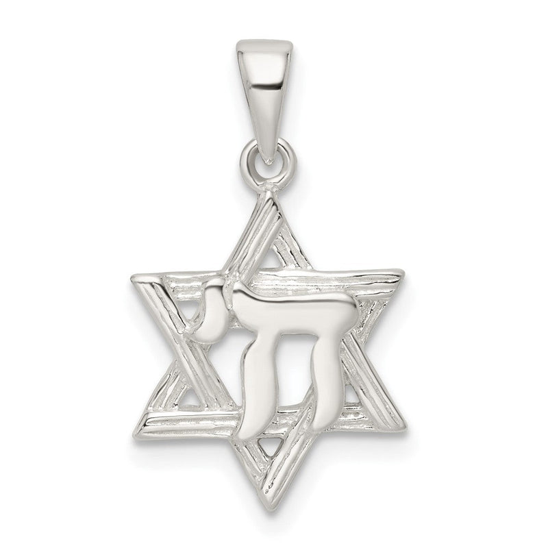Sterlingsilber Poliert und Diamantiert Stern Of David mit Chai Anhänger